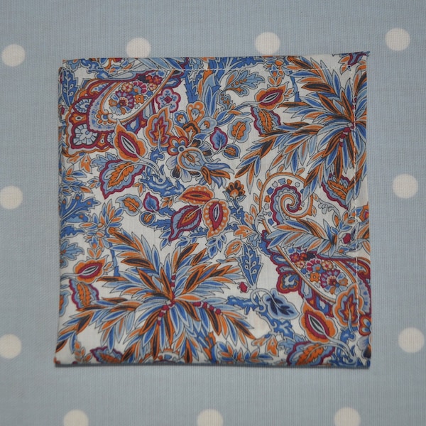 Liberty Tana lawn handkerchief hankie pocket square paisley style blue tan maroon multi ivory