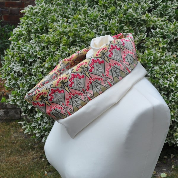 Cowl/Snood in Liberty Tana Lawn Ianthe pink, green Khaki ivory/ivory merino wool