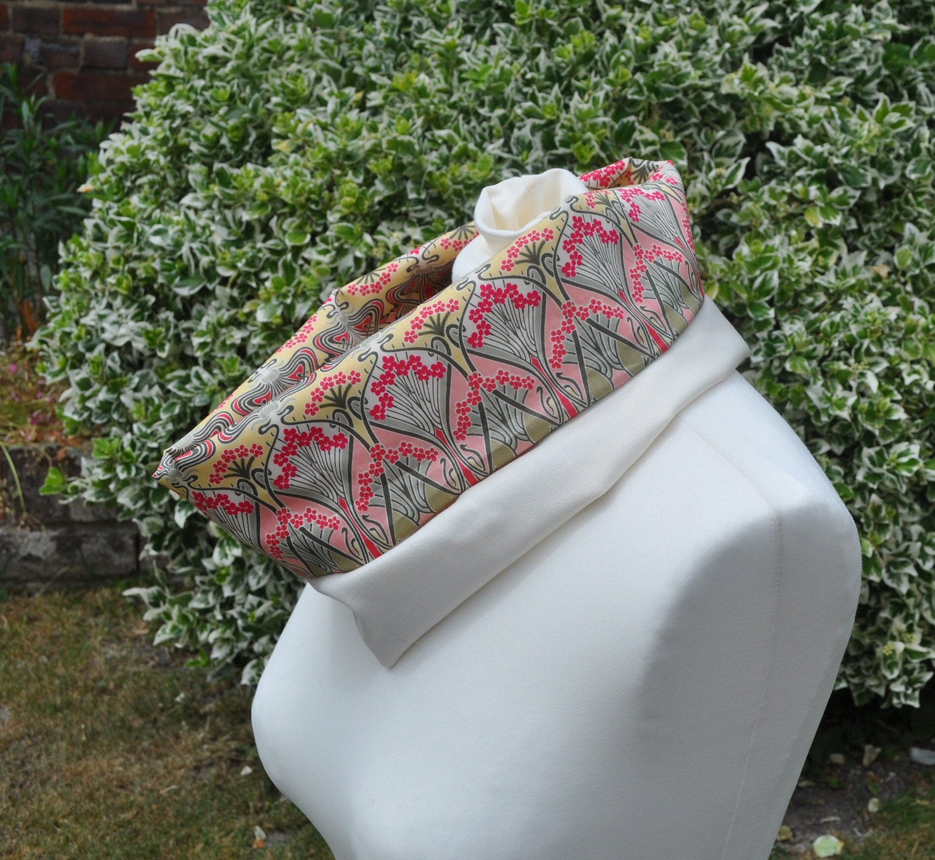 Cowlsnood neck warmer in Mohair green with blue and khaki lined with Liberty tana lawn Eleanora blue green floral