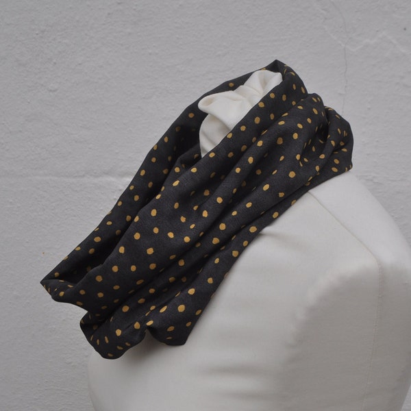 Cowl/snood crepe de chine spots polka dots charcoal and mustard