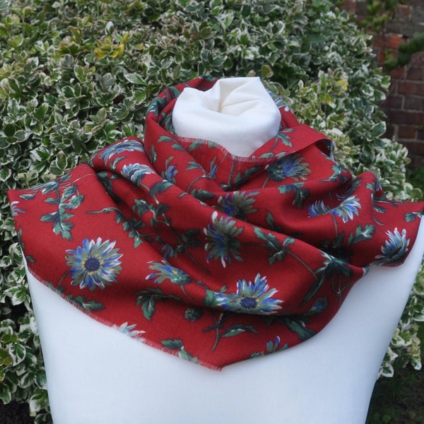 Scarf in Liberty Varuna Wool flowers in green blue and ivory on red background