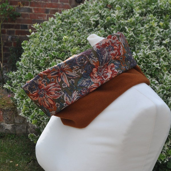 Cowl/Snood in Liberty tana lawn ginger, rust, khaki purple multi/ginger cashmere wool