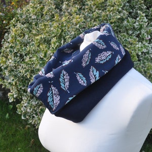 Cowl/Snood in Liberty silk crepe woven leaves aqua brown navy blue/navy cashmere wool