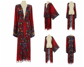 Red floral kimono robe,  plus size womens kimono long robe, fringed kimono duster jacket, boho kimono, summer, beach robe, 2X 3X 4X one size