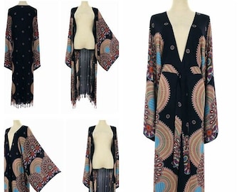 Big Kimono Sleeve Fringed Long Duster Jacket Wrap Plus One Size 2X 3X 4X, Boho Holiday Outerwear, Loose Fit, Dark Blue w/ Multi Abstract Pnt