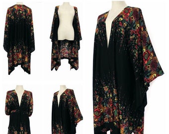 ONE SIZE MEXICAN LOOK BLACK MULTI COLORED LACE FLORAL KIMONO TIE WRAP CARDIGAN