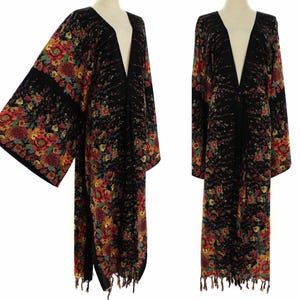 Fringed kimono black, floral robe plus size duster jacket , summer cardigan, 2x 3x 4x one size