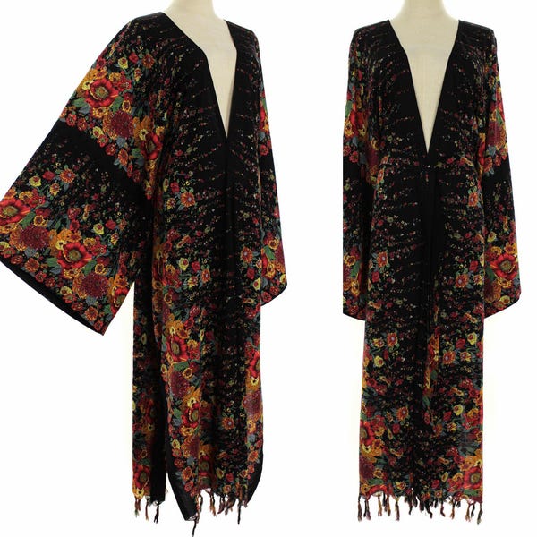 Plus Size Long Kimono Robe Black outfit Oversize Cardigan 2X 3X 4X, Floral