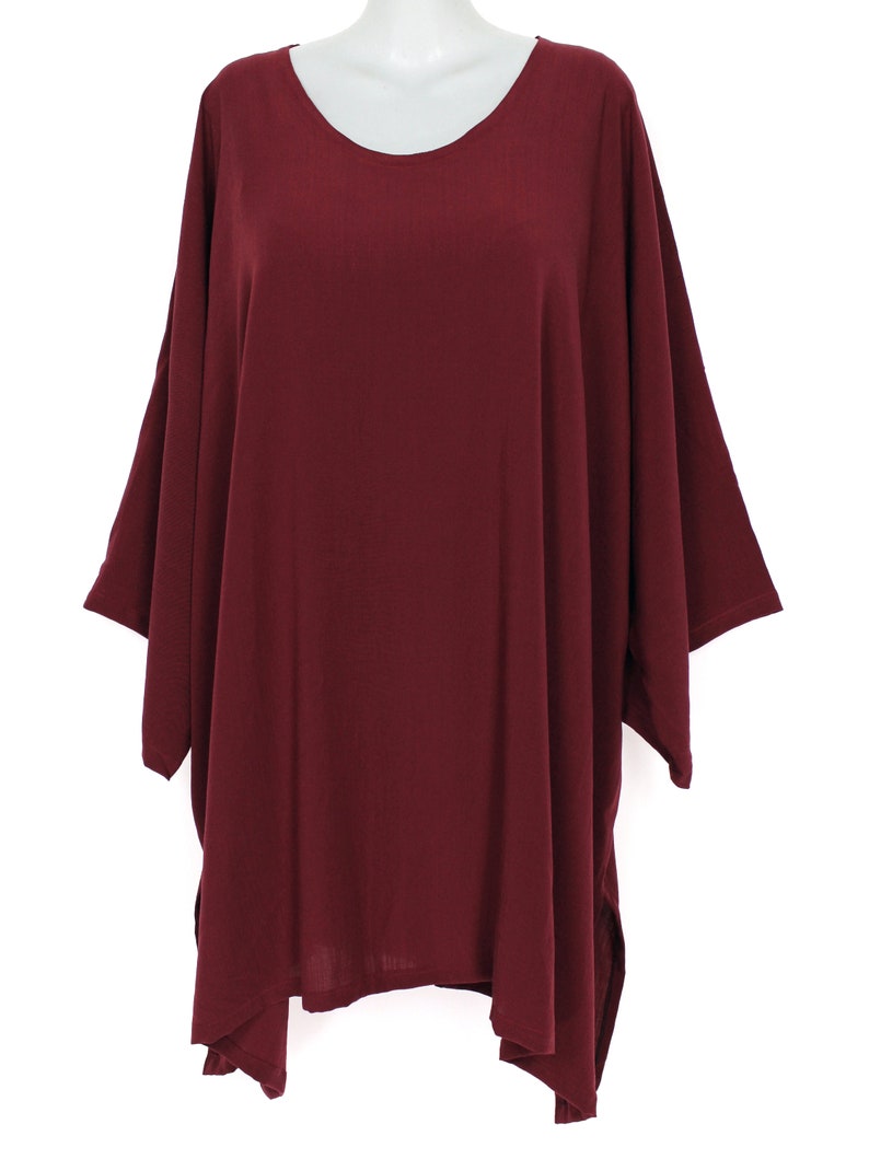 Loose Fit Holiday Casual Wear Wine Red Soft Cotton Linen Plus Size Woman 3X Caftan Tunic Boho Top L34