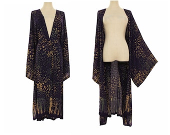 Midi kimono plus size robe purple, hand printed batik kimono duster, summer beach robe, unisex kimono, 2X 3X 4X one size, Length 48"