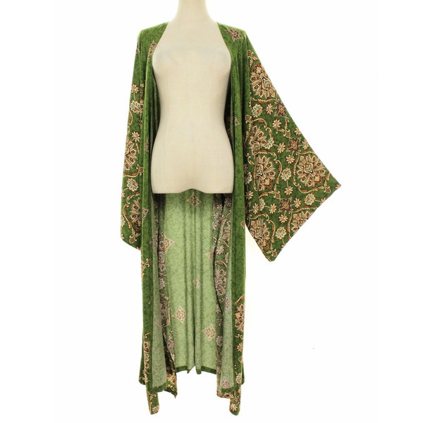 Green kimono long robe M-2X one size, dressing gown, bridal robe, boho kimono, lounge wear, dress cover ups, handmade beach robe, no pocket