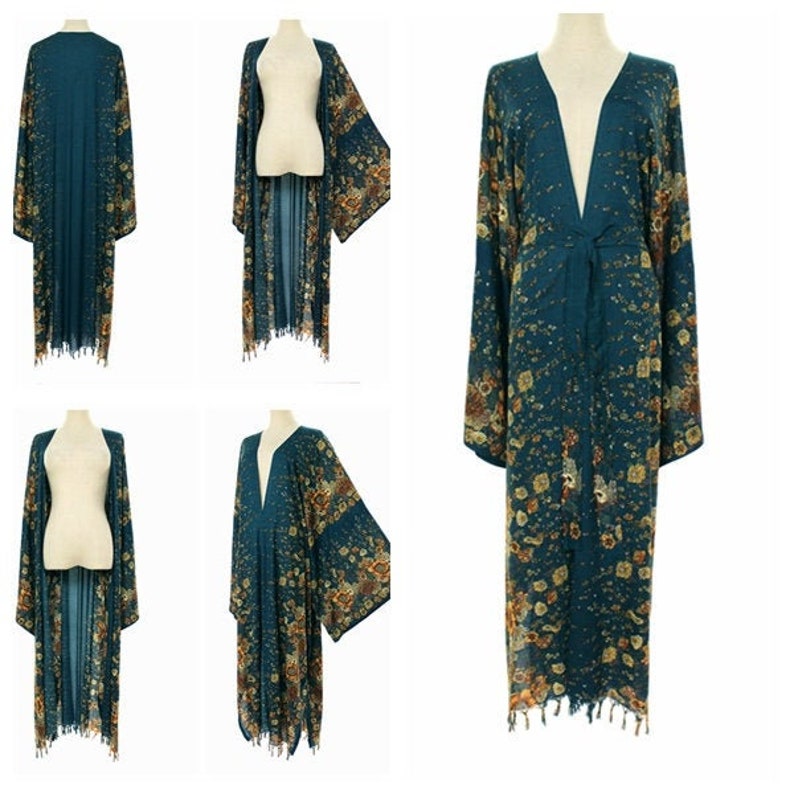 Woman Big Kimono Sleeve Fringed Long Duster Jacket Wrap Plus Size 2X 3X 4X, Bohemian Holiday Wear, Loose Fit, Teal Blue w/ Floral Print 