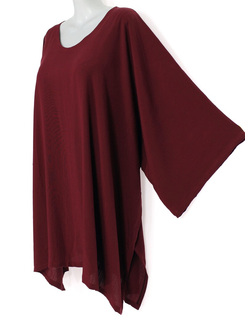 Loose Fit Holiday Casual Wear Wine Red Soft Cotton Linen Plus Size Woman 3X Caftan Tunic Boho Top L34