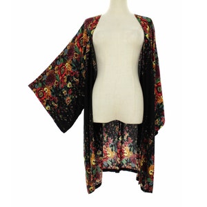 Black floral kimono jacket short, plus size womens duster robe 1x 2x 3x, handmade light weight rayon cardigan open front