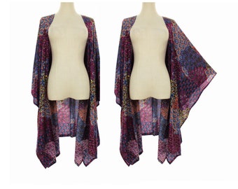 Peacock Boho Kimono duster, Bohemian beachCover Ups, Magenta Floral Peacock Pnt, Open Sides