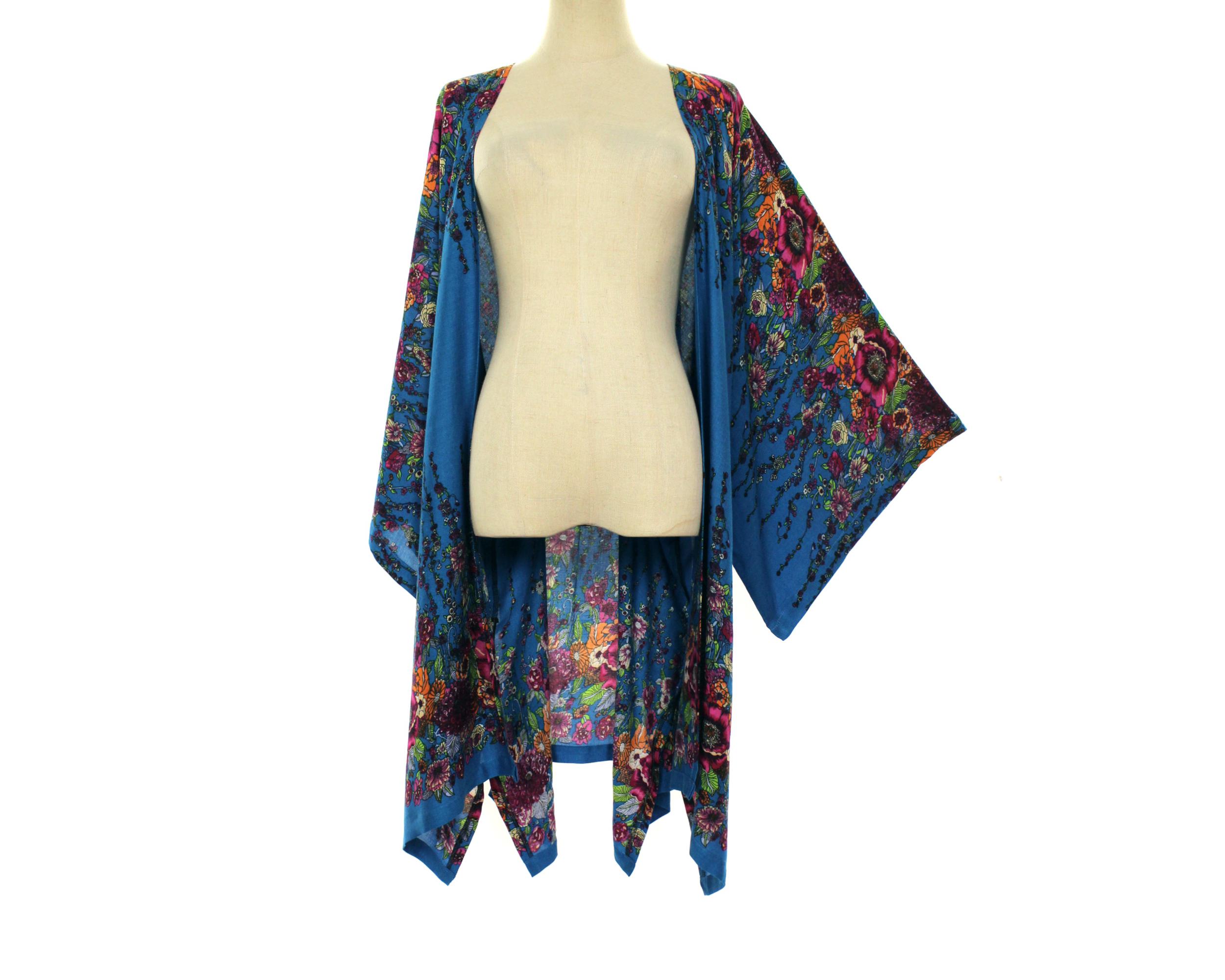 Blue floral kimono jacket duster, cardigan plus size L-3X OSFA，Loose Fit, Beach Cover Up, Holiday Casual Wear