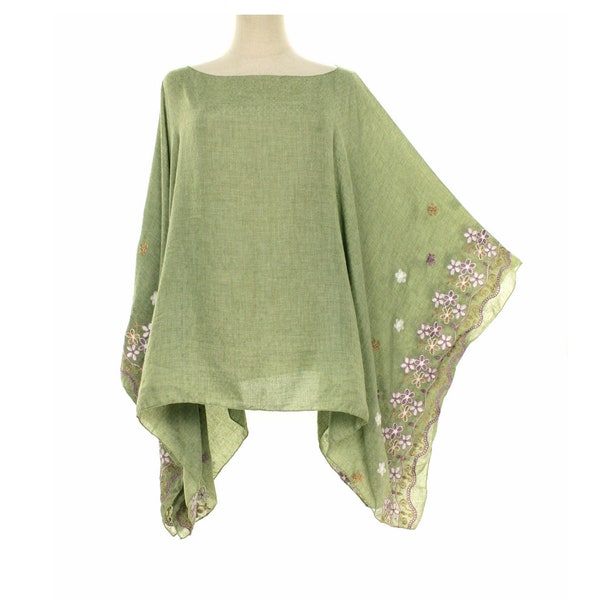 Embroidered Floral Layering Crepe Women's Short Poncho Top Oversized Cover Up S M L One Size, Sage Green