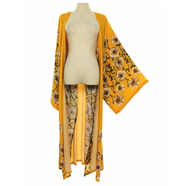 Yellow floral kimono long robe M-2X one size, dressing gown, bridal robe, boho kimono, lounge wear, dress cover ups, beach robe, no pocket