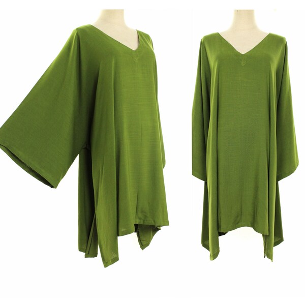 Plus size tunic top 4X 5X solid kiwi green, plus size clothing, V-neck blouse, soft summer top, rayon linen blend, Length 35"