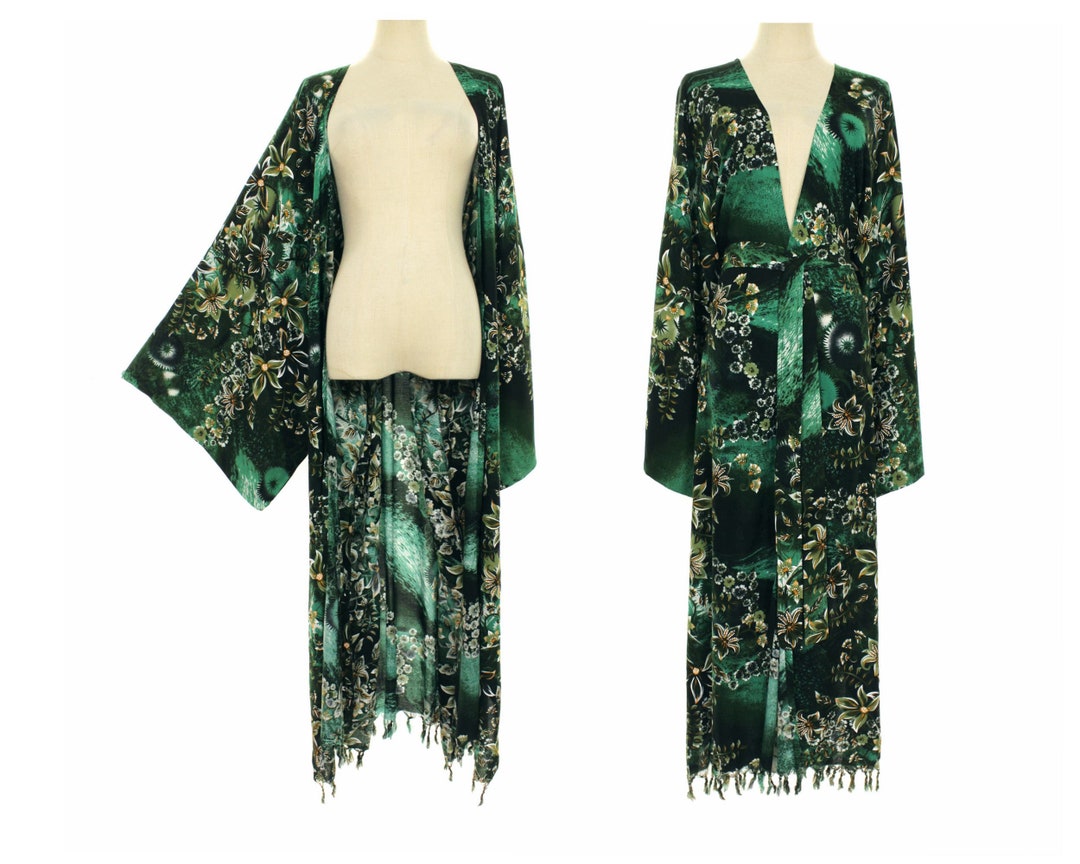 Green Kimono Long Robe, Floral Kimono Duster, Plus Size Womens Kimono ...