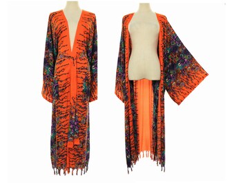 Floral kimono long robe, fringe kimono duster, boho kimono jacket, beach robe, gift for her, M-2X one size, orange w/ purple floral