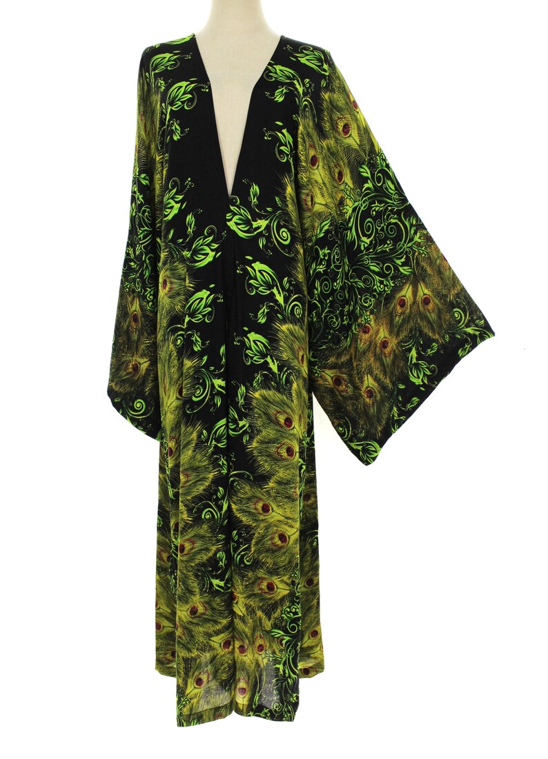 Green Peacock Kimono Robe Plus Size Women's Clothing, Open Front