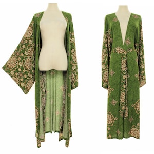 Green kimono long robe, plus size kimono, vintage kimono duster, long kimono jacket, going out robe, dressing  gown, 2X 3X 4X one size