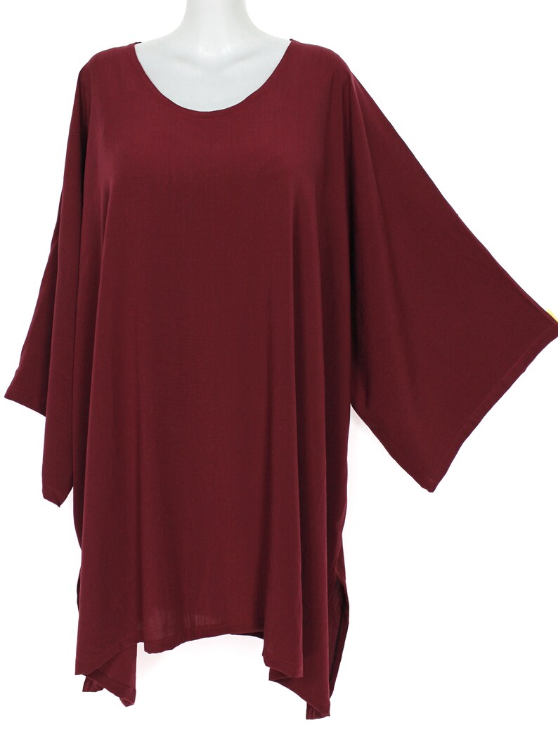 Loose Fit Holiday Casual Wear Wine Red Soft Cotton Linen Plus Size Woman 3X Caftan Tunic Boho Top L34