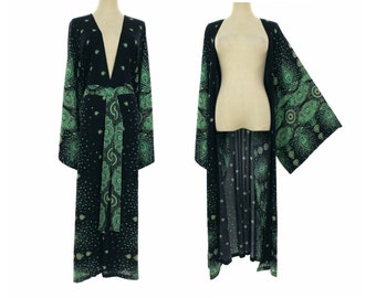 Plus size kimono long robe, blue green abstract kimono jacket, womens kimono, lounge wear, beach robe, gift for her, 2x 3x 4x one size