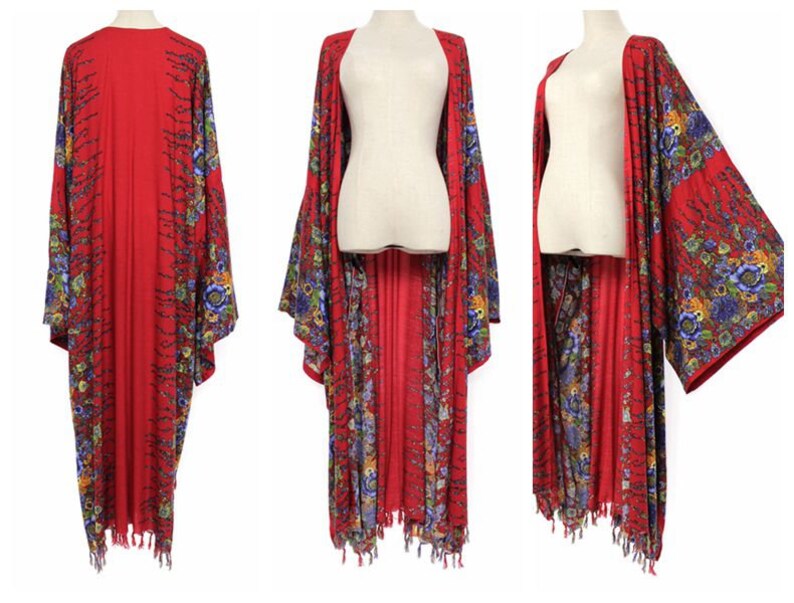 Big Kimono Sleeve Fringed Long Duster Jacket Wrap Plus One Size 2X 3X 4X, Bohemian Holiday Wear, Loose Fit, Red w/ Multi Floral 