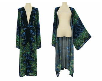 Floral peacock kimono robe, long cardigan, duster jacket plus size 2X 3X 4X, boho holiday outerwear, loose fit, gift for wife, gift for her