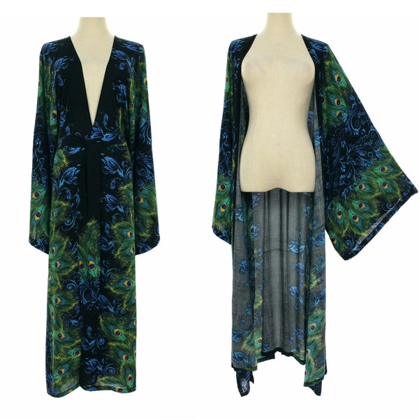 Floral peacock kimono robe, long cardigan, duster jacket plus size 2X 3X 4X, boho holiday outerwear, loose fit, gift for wife, gift for her