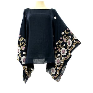 Embroidered Floral Layering Crepe Women&#39;s Short Poncho Top Oversized Cover Up S M L One Size, Dark Blue Color