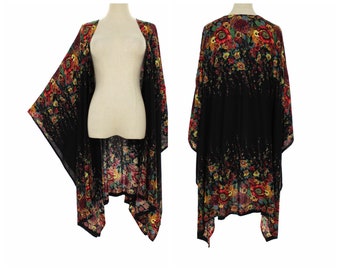 Black floral kimono duster, Boho kimono, short kimono jacket for women, plus size clothing, gifts for her, length 35 inches, open sides