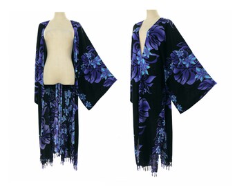 Blue floral Kimono Robe, Long Jacket Plus Size, dressing gown, bridal robe, Going Out Robe, Boho Kimono Cardigan, 2X 3X 4X one size