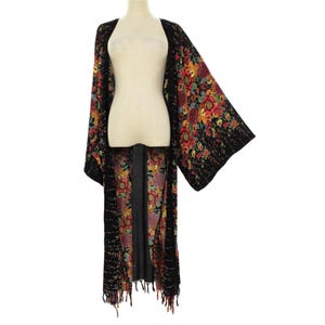 Long kimono robe size M-2x, fringed duster kimono jacket, dressing gown, handmade kimono rayon, hen-party long sleeve open front robe
