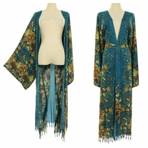 Womens Kimono Robe, Fringe Long Jacket Bohemian Robe Open Front Plus Size 2X 3X 4X, Loose Sleeve Dress Cover Up, Teal Blue w/ Floral Print