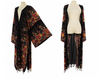 Kimono plus size robe, fringe jacket long kimono duster, long womens robe, floral kimono cardigan, 2x 3x 4x one size