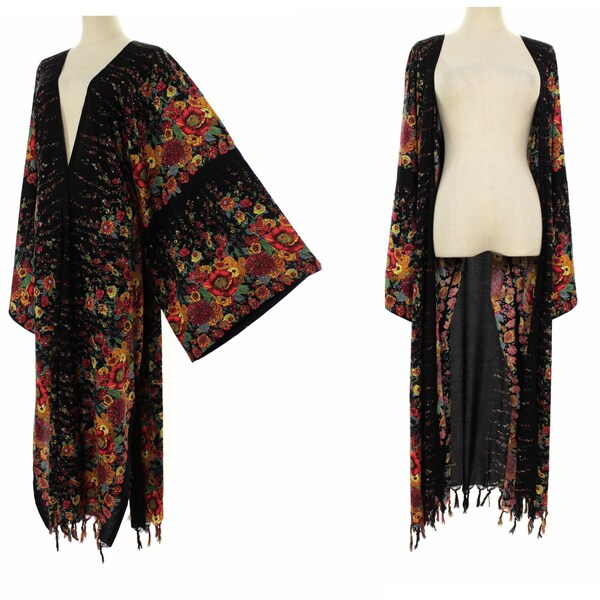 Kimono plus size robe, fringe jacket long kimono duster, long womens robe, floral kimono cardigan, 2x 3x 4x one size