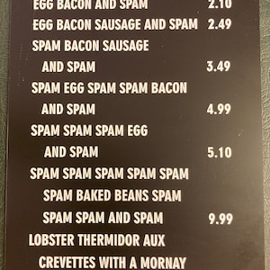 SPAM SPAM SPAM Cafe Menükarte
