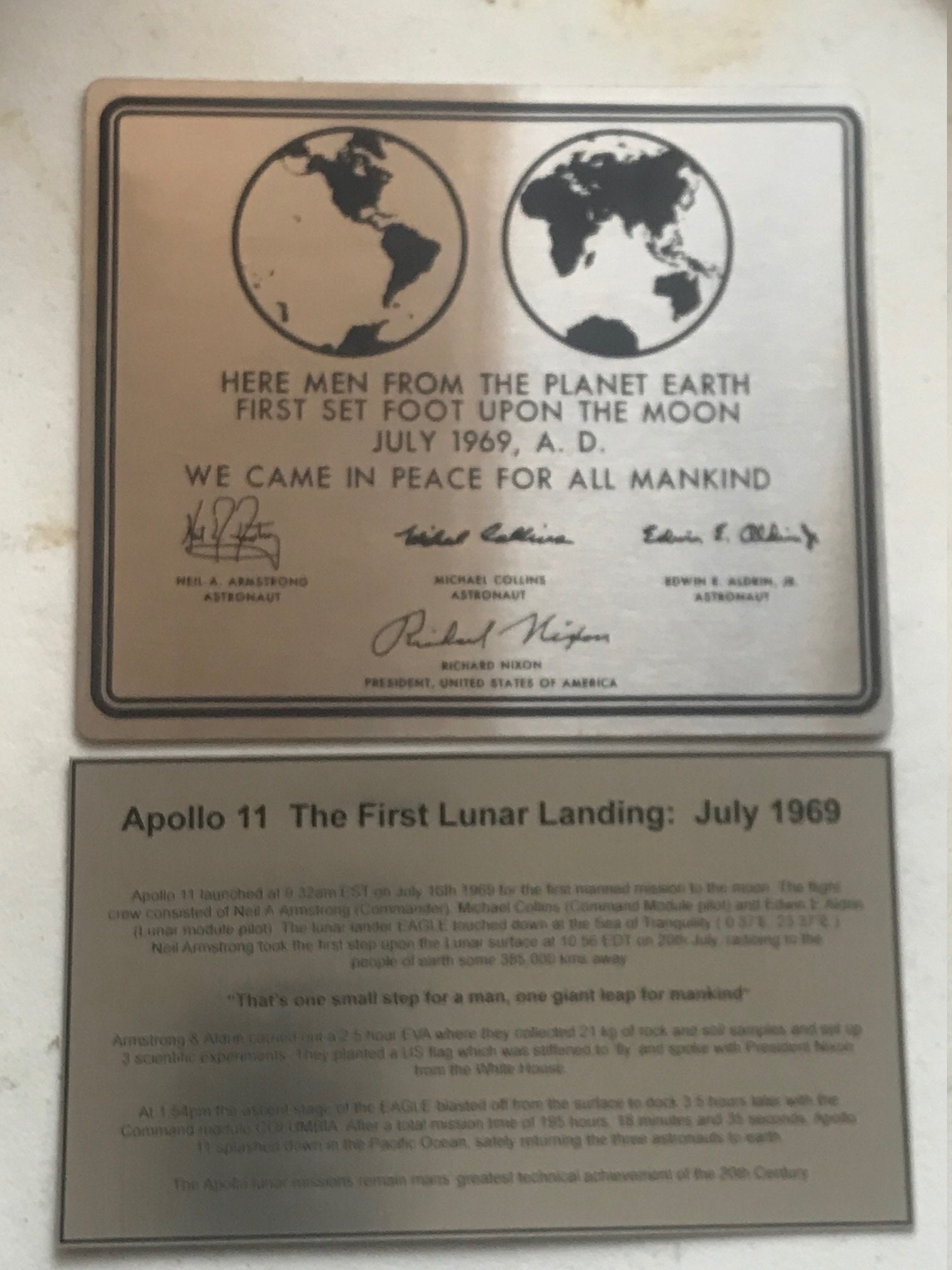 月面着陸記念ブロンズプレート 1969年　アポロ11号　イーグル　銘板 アポロ11号 NASA 月面着陸記念プレート - ステンレス製 1969年7月 +