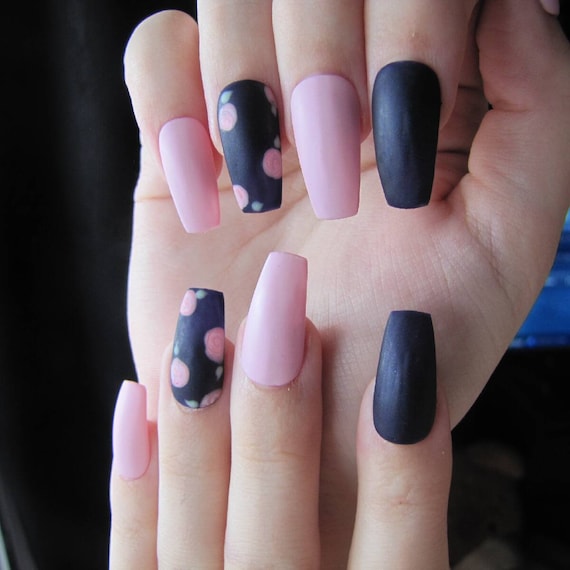 Matte Pink And Navy Blue Press On Nails With Pink Flower Etsy Matte Pink And Navy Blue Press On Nails With Pink Flower Etsy