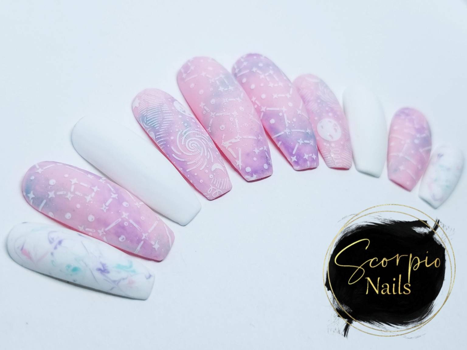 Pastel galaxy nails press on nails fake nails purple pink | Etsy
