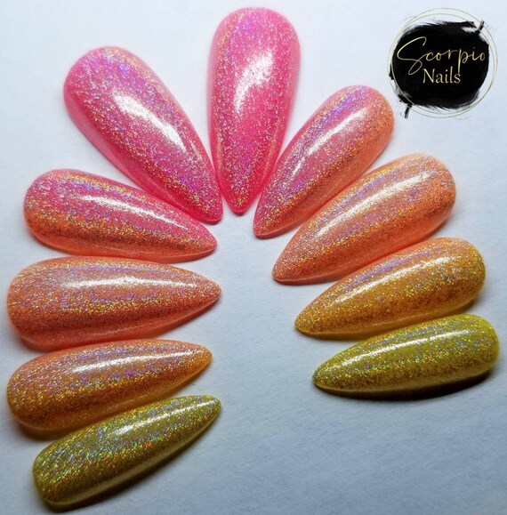 Holographic Pink To Yellow Ombre Press On Nails Neon Bright - Etsy