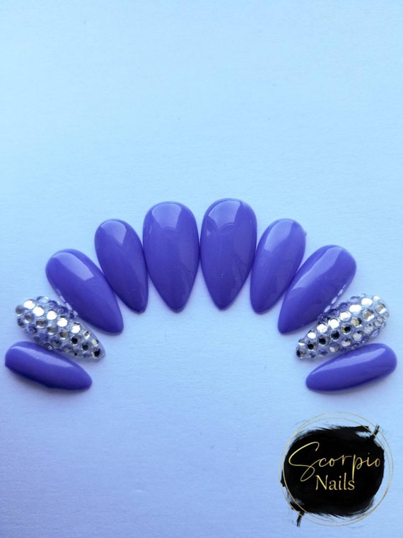 pix Light Purple Coffin Nails With Rhinestones etsy