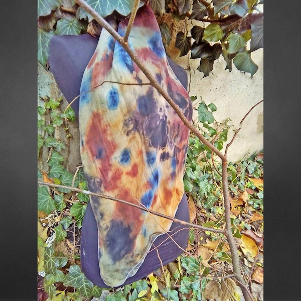 Ecoprinted Designer Silk Scarf • Ecodyed Neckerchief • Hand Dyed with Local Botanical Dyes • Unique Gift For Mom • Eco-friendly Gift For Her