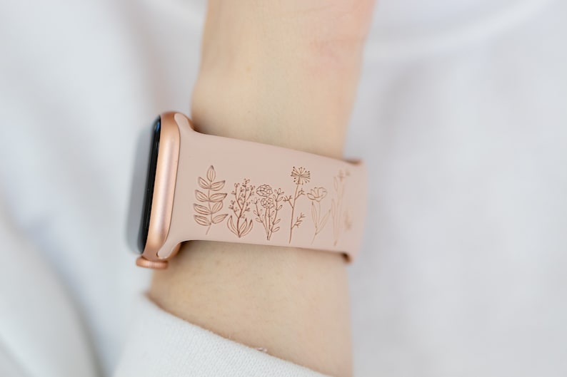 No Rain No Flowers Engraved Watch Band Compatible with Apple Watch, Graduation Gifts, Gift For Mom, Gift For Her, Women's Floral Watch Strap 