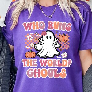 Retro Halloween Shirt, Pastel Halloween Tee, Who Runs The World Ghouls, Spooky Vibes Shirt,  Funny Halloween Shirt, Feminist
