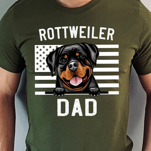 Mens American Flag USA Patriotic Rottweiler Dad 4th July Gift Tee