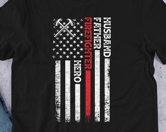 Husband Father Firefighter Shirt, Firefighter Gift for Dad, Thin Red Line Flag Short-Sleeve Unisex T-Shirt